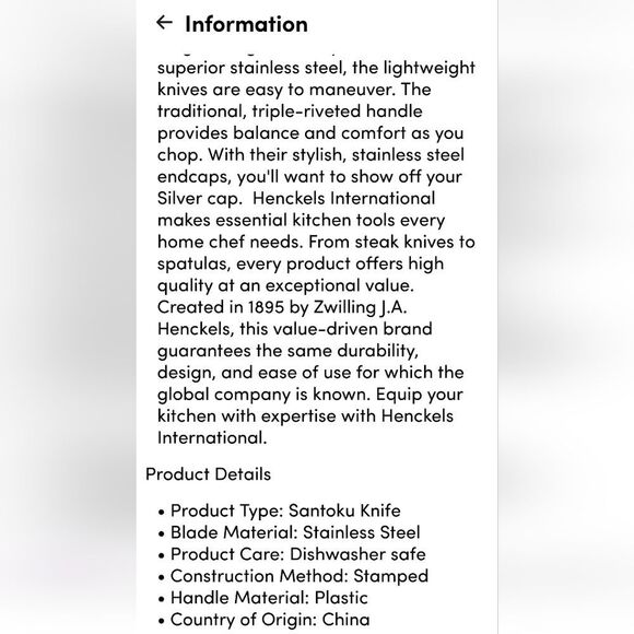 Henckels Silvercap Fine Edge 7" Hollow Edge Santoku Knife - Picture 4 of 6